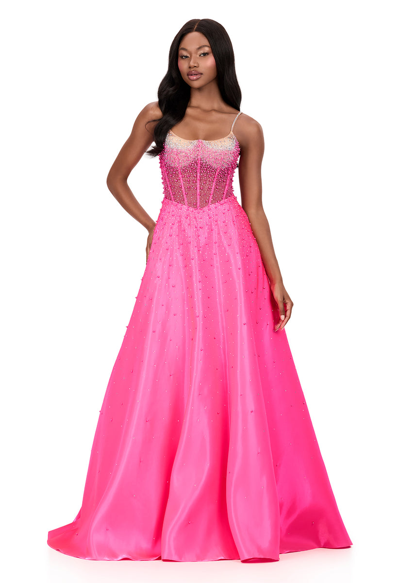 ASHLEYlauren Style 12182 - Satin Ballgown with Sheer Corset Boning