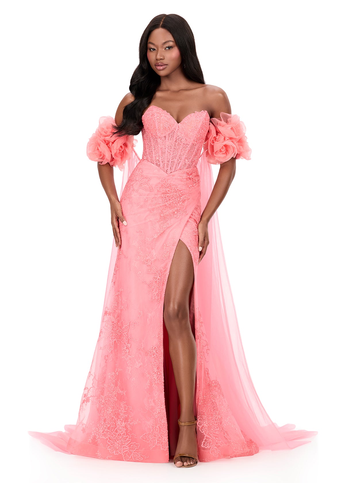 ASHLEYlauren Style 12183 - Lace Prom Dress with 3D Floral Sleeves ASHLEYlauren Style 12183 - Lace Prom Dress with 3D Floral Sleeves