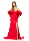 ASHLEYlauren 12185 | Red off shoulder satin gown with dramatic rosette cape, sweetheart neckline, sleek fit, and bold high slit