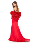 ASHLEYlauren 12185 | Red satin gown with off shoulder rosette cape, sweetheart neckline, fitted silhouette, high slit, and sweeping train