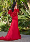 ASHLEYlauren 12185 | Red satin fitted gown with off-shoulder rosette cape, sweetheart neckline, high slit, and sweeping train