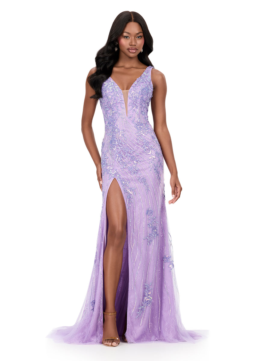 ASHLEYlauren Style 12188 - Lace Prom Dress with Plunging Neckline