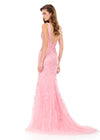 ASHLEYlauren 12190 | Pink lace fitted gown with V-neckline, illusion sides, and open back