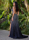 ASHLEYlauren 12194 | Black fully beaded evening gown with pearl and heat-set stone detailing, fitted silhouette, and dramatic slit