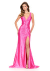 ASHLEYlauren 12194 | Fuchsia fitted beaded gown with plunging neckline, crystal accents, high slit, and sweeping train