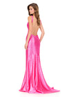 ASHLEYlauren 12194 | Fuchsia beaded gown with deep V neckline, pearl and stone details, high slit, and open back. Back