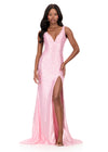 ASHLEYlauren 12194 | Ice Pink beaded evening gown with plunging neckline, pearl sparkle, high slit, and dramatic train
