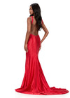 ASHLEYlauren 12194 | Red beaded gown with deep V neckline, pearl embellishments, high slit, open back, and sweep train. Back