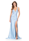 ASHLEYlauren 12194 | Sky fitted evening gown with scattered pearls, plunging V neckline, slit, and dramatic train