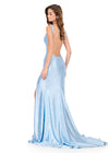 ASHLEYlauren 12194 | Sky blue beaded gown with deep V neckline, pearl details, high slit, open back, and sweep train. Back