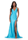 ASHLEYlauren 12194 | Turquoise fitted evening gown with heat set stones, plunging neckline, front slit, and sweeping train