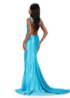 ASHLEYlauren 12194 | Turquoise beaded gown with deep V neckline, pearl accents, high slit, open back, and fitted silhouette. Back