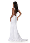 ASHLEYlauren 12194 | White fitted beaded gown with pearl and crystal details, plunging neckline, high slit, and dramatic open back. Back