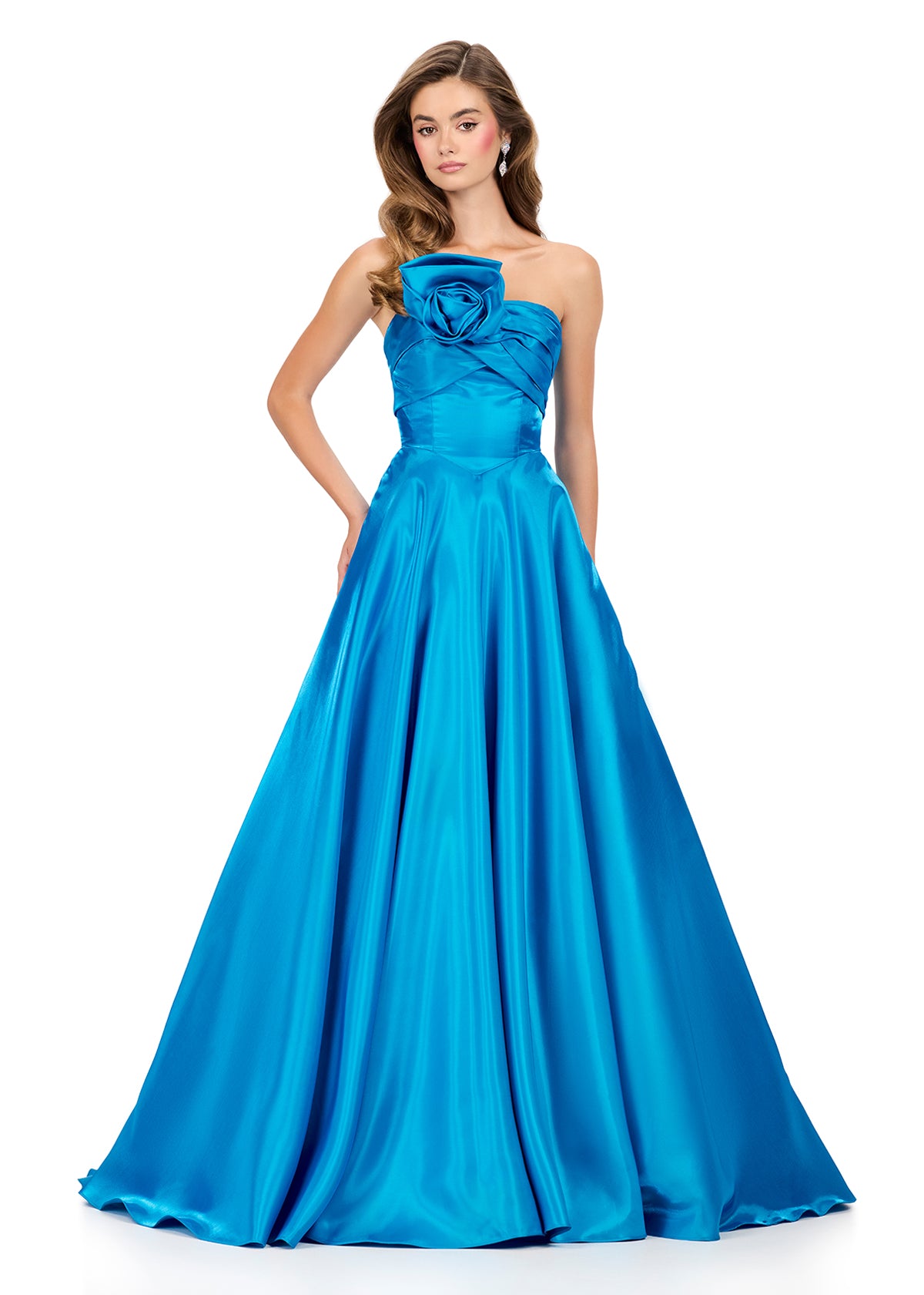 ASHLEYlauren Style 12199 - Satin Gown with Rosette Detailing ASHLEYlauren Style 12199 - Satin Gown with Rosette Detailing
