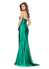 ASHLEYlauren 12200| Emerald strapless beaded gown with exposed corset boning, shimmering fringe, sweetheart neckline, and right slit. Back