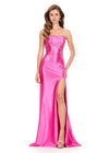 ASHLEYlauren 12200| Fuchsia strapless beaded gown with exposed corset boning, shimmering fringe, sweetheart neckline, and right slit.