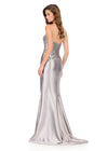 ASHLEYlauren 12200 | Silver fully beaded strapless gown with sweetheart neckline, exposed corset boning, thigh slit, and dramatic fringe. Back