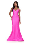 ASHLEYlauren 12205 | Fuchsia jersey gown featuring strappy neckline, open lace-up back, and figure-hugging silhouette