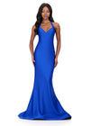 ASHLEYlauren 12205 | Royal jersey gown featuring modern strappy neckline, lace-up back detail, and sleek fitted silhouette
