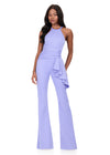 ASHLEYlauren 12209 | Periwinkle fitted scuba jumpsuit with high neckline, flattering ruched waist, and fashion-forward flared legs
