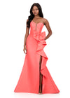ASHLEYlauren 12212 | Coral strapless mikado gown with plunging neckline, statement bow, cascading ruffle, and lace-up back