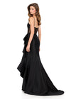 ASHLEYlauren 12213 | Black taffeta gown with sheer exposed-boning corset bodice and bold cascading ruffle slit. Back