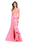 ASHLEYlauren 12213 | Candy Pink fitted gown featuring exposed-boning corset, sweetheart neckline, and ruffled slit skirt