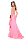 ASHLEYlauren 12213 | Candy Pink taffeta gown with sheer boned corset bodice and dramatic cascading ruffle slit detail. Back