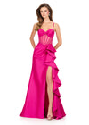 ASHLEYlauren 12213 | Fuchsia fitted taffeta gown featuring sweetheart neckline, sheer corset, and dramatic ruffle slit