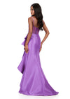 ASHLEYlauren 12213 | Violet taffeta gown with sheer corset bodice, exposed boning, and cascading ruffle slit. Back
