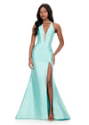 ASHLEYlauren 12214 | Aqua halter mikado gown featuring modern plunge neckline, cascading back ruffle, and sweep train