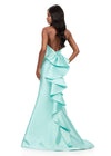 ASHLEYlauren 12214 | Aqua mikado gown with plunging halter bodice, fitted silhouette, and dramatic ruffle bow back. Back