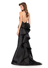 ASHLEYlauren 12214 | Black mikado gown with plunging halter neckline, fitted design, and dramatic cascading ruffle bow at the back. Back