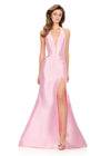 ASHLEYlauren 12214 | Ice Pink halter gown featuring sleek mikado fabric, dramatic back ruffle bow, and gentle train