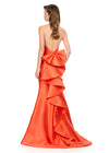 ASHLEYlauren 12214 | Orange mikado gown with plunging halter neckline, fitted bodice, and cascading ruffle bow down the back. Back