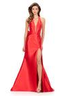 ASHLEYlauren 12214 | Red halter mikado gown featuring sleek fitted shape and dramatic back ruffle bow with subtle train