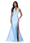 ASHLEYlauren 12214 | Sky halter mikado gown featuring sleek silhouette, ruffle bow back, and subtle train