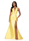 ASHLEYlauren 12214 | Yellow halter mikado gown featuring ruched bodice, dramatic back ruffle, and sweep train