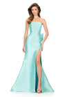 ASHLEYlauren 12215 | Aqua mikado formal gown featuring strapless silhouette, high slit, and statement back bow detail