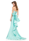 ASHLEYlauren 12215 | Aqua strapless mikado gown with fitted bodice, thigh-high slit, and cascading bow ruffle down the back. Back