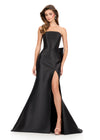 ASHLEYlauren 12215 | Black fitted mikado gown featuring strapless neckline, dramatic leg slit, and back bow ruffle