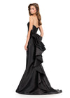 ASHLEYlauren 12215 | Black strapless mikado gown with sleek fitted silhouette, high slit, and cascading bow ruffle back detail. Back