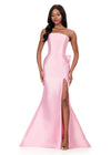 ASHLEYlauren 12215 | Ice Pink mikado gown featuring strapless silhouette, dramatic bow ruffle detail, and high slit