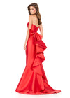 ASHLEYlauren 12215 | Red strapless fitted mikado gown with high slit and cascading bow ruffle at the back. Back