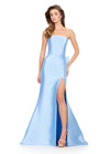 ASHLEYlauren 12215 | Sky mikado fitted gown featuring strapless neckline, dramatic slit, and elegant back bow ruffle