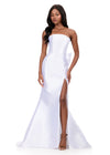 ASHLEYlauren 12215 | White strapless mikado gown featuring sleek silhouette, dramatic back bow ruffle, and high slit