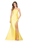 ASHLEYlauren 12215 | Yellow strapless mikado gown with sleek fitted bodice, high slit, and dramatic bow ruffle train at the back