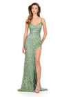 ASHLEYlauren 12217 | Light Sage fitted sequin gown featuring beaded detailing, scoop neckline, lace-up back, and thigh-high slit.