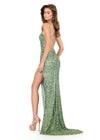 ASHLEYlauren 12217 | Light Sage fully beaded sequin gown with scoop neckline, double straps, lace-up back, and high slit. Back