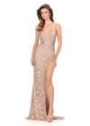 ASHLEYlauren 12217 | Rose Gold sequin beaded gown featuring scoop neckline, fitted silhouette, lace-up back, and bold leg slit.